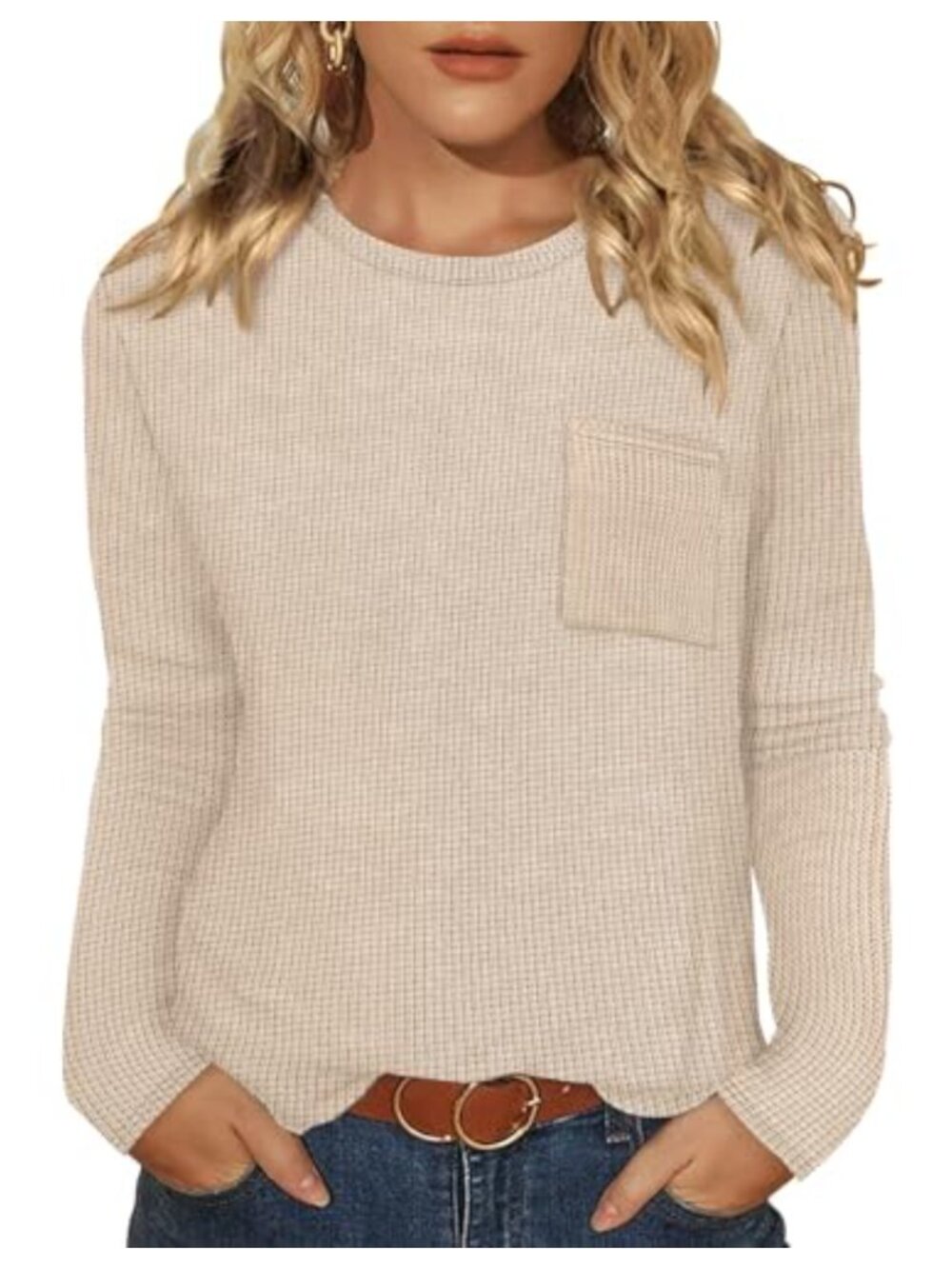 Waffle Knit Long Sleeve Blouse Casual Dressy Pullover Top